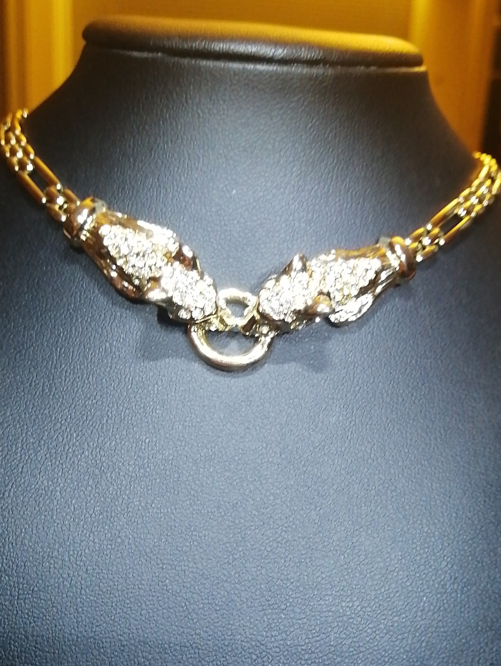 Vintage Sparkling Crystals Pave Double Leopard Head Choker Necklace 16.5" Long